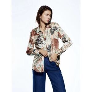 Zara Patchwork Paisley Satin Scarf Print Long Sleeve Button-Up Boho Blouse Small